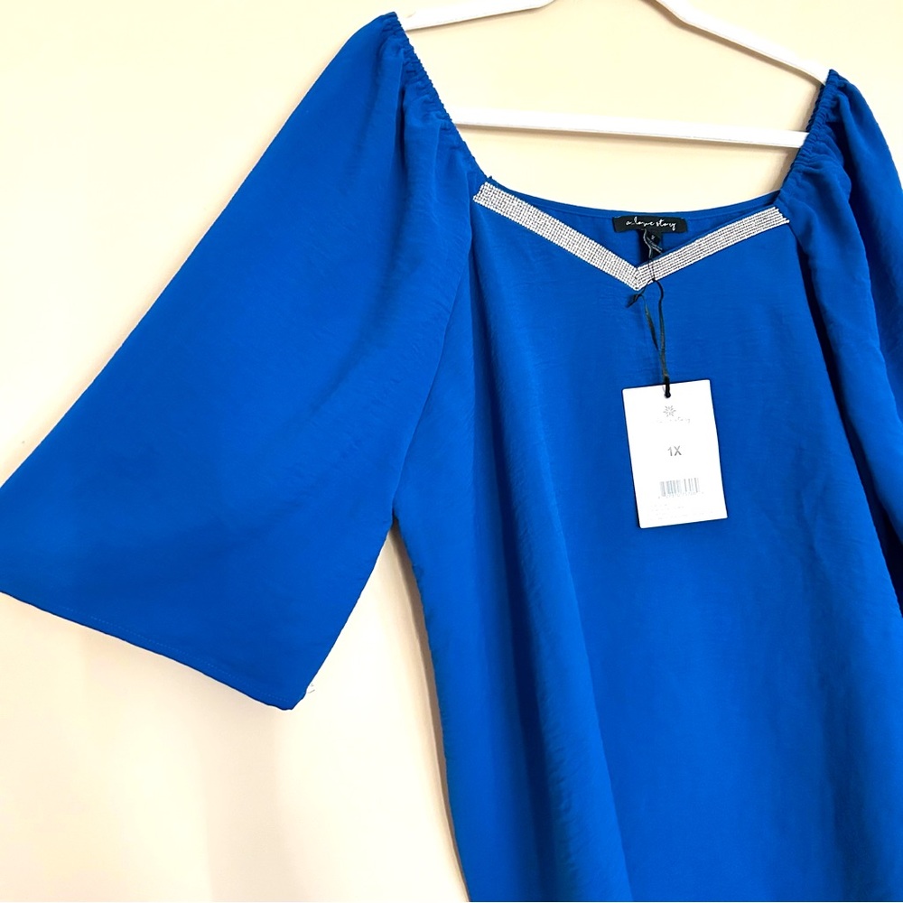 NEW A Love Story Women’s Elegant Royal Blue Blouse with Silver Accent - Picture 4 of 7